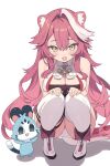  1girl animal_ears ascot bare_shoulders blue_gem blush breasts chattino_(raora_panthera) cleavage collared_shirt commentary english_commentary fang fingernails gem hair_intakes highres hololive hololive_english jewelry knees_up large_breasts long_hair looking_at_viewer multicolored_hair nail_polish onlyhakua open_mouth panther_ears panther_girl panther_tail pink_hair pink_nails pink_tail raora_panthera raora_panthera_(1st_costume) shirt shoes shorts simple_background sleeveless sleeveless_shirt smile squatting streaked_hair tail thigh_strap thighhighs thighs two-tone_hair virtual_youtuber white_ascot white_background white_shirt white_shoes white_shorts white_thighhighs yellow_eyes 