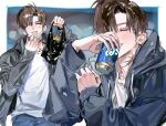  1boy :d agent_choi bag beer_can blue_hoodie blurry blurry_background blush border brown_hair can closed_eyes commentary_request cowboy_shot drink drink_can drinking drunk grey_jacket gwechul hand_on_own_arm hand_up hands_up highres holding holding_bag holding_can holding_drink hood hoodie inset_border jacket ji_ji_q korean_commentary layered_clothes long_sleeves mask mask_pull mouth_mask open_clothes open_jacket outside_border pants scar scar_on_neck sequential shirt short_hair side_part sleeve_cuffs smile upper_body white_border white_shirt 