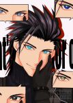  1boy black_gloves black_hair black_sweater blue_eyes brown_eyes closed_mouth commentary_request drop_shadow eye_focus final_fantasy final_fantasy_vii gloves green_eyes hair_slicked_back highres looking_at_viewer male_focus r_niiico7 short_hair smile solo spiked_hair sweater turtleneck turtleneck_sweater upper_body yellow_eyes zack_fair 