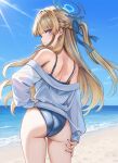  1girl absurdres ass bare_shoulders bikini blonde_hair blue_archive blue_bikini blue_bow blue_halo blue_nails blue_sweater blush bow braid closed_mouth commentary_request earrings hair_bow half_up_braid half_updo halo highres jewelry lnji_(rnlwls34) long_hair off-shoulder_sweater off_shoulder partial_commentary solo stud_earrings sweater swimsuit toki_(blue_archive) very_long_hair 