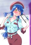  1girl beret blue_hair blue_shirt bra_strap braid brown_skirt butterfly_hair_ornament clenched_teeth clipboard collared_shirt commentary_request dress_shirt fanning_self hair_ornament hair_scrunchie hat highres holding holding_clipboard hot howa_kurea kazuma_muramasa long_hair meitantei_precure! partially_unbuttoned precure red_hat red_skirt scrunchie shirt single_braided_sidelock skirt solo teeth yellow_eyes 