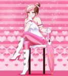  1girl alternate_hair_length_(shorter) bare_shoulders blush boots brown_eyes brown_hair candy_hair_ornament clip_studio_paint_(medium) closed_mouth collarbone commentary crossed_legs earrings english_commentary eyelashes food-themed_hair_ornament full_body gloves hair_bun hair_ornament head_rest heart heart_background heterochromia high_heel_boots high_heels highres holding holding_umbrella jewelry multicolored_hair neopolitan_(rwby) official_alternate_costume official_alternate_hairstyle on_stool pants patreon_username pink_background pink_eyes pink_hair pink_pants rwby schrwby shirt short_hair single_hair_bun sitting smile smug solo split_mouth stool striped_background striped_clothes striped_pants umbrella vertical-striped_clothes vertical-striped_pants very_short_hair white_boots white_gloves white_hair white_shirt 