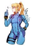  1girl absurdres blonde_hair blowing blue_bodysuit blue_eyes bodysuit breasts character_name commentary cropped_legs cuffs finger_gun hand_on_own_hip hand_up high_ponytail highres holster hwanman impossible_bodysuit impossible_clothes korean_text light_blush medium_breasts metroid parted_lips ponytail samus_aran simple_background skin_tight skindentation solo thigh_holster thigh_strap translated turning_head white_background zero_suit 
