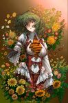  1girl adapted_costume aeronmeri_19198 artist_name ascot belt black_gloves breasts brown_belt collared_shirt commentary_request dated flower flower_request framed_breasts frilled_shirt frilled_sleeves frills gloves green_hair grin highres kazami_yuuka long_sleeves looking_at_viewer pink_flower plaid_clothes plaid_skirt plaid_vest red_eyes red_skirt red_vest shirt skirt skirt_set smile solo sunflower touhou vest white_shirt wide_sleeves yellow_ascot yellow_flower 