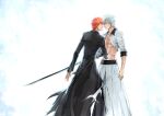  2boys abs backlighting bare_pectorals black_coat black_pants bleach blood blood_on_arm blood_on_clothes blue_eyes coat commentary cuts eye_contact face-to-face grimmjow_jaegerjaquez highres holding holding_sword holding_weapon hole_in_stomach injury kurosaki_ichigo linjie looking_at_another male_focus mask multiple_boys orange_hair pants pectorals scar scar_on_chest sword tensa_zangetsu_(bankai) toned toned_male weapon white_hair 
