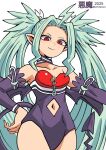  1girl ahoge arm_belt bare_shoulders batchgooya blue_hair blush closed_mouth clothing_cutout collarbone commentary_request cowboy_shot demon_girl demon_tail demon_wings detached_sleeves diamond_cutout dina_(summon_night) hand_on_own_hip highres long_hair looking_at_viewer navel navel_cutout pointy_ears purple_tail purple_wings red_eyes ringed_eyes simple_background smile solo spiked_hair standing summon_night summon_night_swordcraft_story_2 tail twitter_username very_long_hair white_background wings zipper zipper_pull_tab 