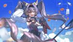  1girl :d absurdres angelina_(arknights) angelina_the_mellow_wish_(arknights) animal_ear_fluff animal_ears arknights arm_up baiyuyi black_collar black_gloves black_hairband blurry blurry_foreground breasts brown_hair chinese_commentary cleavage collar commentary_request day detached_sleeves drawn_ears drawn_whiskers dress earpiece envelope food fox_ears fox_girl fruit gloves hair_between_eyes hairband highres infection_monitor_(arknights) large_breasts letter long_hair long_sleeves looking_at_viewer multicolored_hairband open_mouth orange_(fruit) orange_slice outdoors sky smile solo twintails two-tone_hairband upper_body very_long_hair 