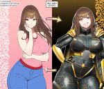  arm_under_breasts artist_name bare_shoulders blue_pants blush breasts brown_hair denim dual_persona facebook_username glowing glowing_eyes grin gwen_grayson highres instagram_username jeans large_breasts long_hair long_sleeves looking_at_viewer pants pink_tank_top rienia shirt sky_high_(movie) smile tank_top wide_hips yellow_eyes 