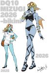  2026 2girls aqua_skin aqua_streaks back_fin ball bikini black_bikini blonde_hair blue_skin bracelet breasts cleavage colored_skin commentary_request dated dragon_quest dragon_quest_x eyewear_on_head fins fish_girl full_body gold_bracelet green_eyes hand_on_own_hip head_fins heart heart-shaped_eyewear high_heels highres himiko_(326ontheweb) holding holding_ball jewelry long_hair medium_breasts midriff monster_girl multicolored_hair multiple_girls navel orange_nails sandals shirt short_hair sketch streaked_hair sunglasses swimsuit thigh_strap weddie_(dq10) white_background white_shirt yellow_eyes 