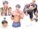  2boys 3boys 5454_pnl abs absurdres apron baseball_cap black_shirt black_shorts blonde_hair blue_pants brothers brown_jacket character_name closed_mouth collarbone commentary_request cropped_legs drawstring dress_shirt eating food grey_hair haikyuu!! hand_on_own_stomach hat highres holding holding_food inarizaki_volleyball_uniform jacket korean_commentary korean_text looking_at_viewer male_focus miya_atsumu miya_osamu multiple_boys multiple_views muscular muscular_male navel necktie onigiri pants pectorals pinching_own_belly plump red_necktie shirt short_hair shorts siblings simple_background sweatpants t-shirt teeth tongue tongue_out translated twins waist_apron white_background white_shirt 