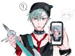  2boys 3_ke ? alien_stage aqua_nails beanie black_hat black_shirt cellphone choker commentary_request ear_piercing earrings green_eyes grey_hair hat holding holding_phone ivan_(alien_stage) jewelry multiple_boys necktie official_alternate_costume open_mouth phone piercing pov pov_hands red_necktie shirt short_hair sleeveless sleeveless_shirt smartphone spiked_choker spikes spoken_question_mark till_(alien_stage) very_short_hair 