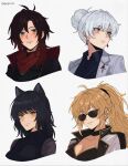 4girls aged_up alternate_costume alternate_hairstyle animal_ear_piercing belt black_hair black_jacket blake_belladonna blonde_hair blue_eyes blush breasts brooch business_suit chest_harness cleavage collared_shirt cropped_torso duster ear_piercing earrings gogirl_0 grey_eyes grin hair_bun hair_tie harness high_ponytail highres jacket jewelry looking_at_viewer looking_to_the_side messy_hair multiple_girls open_clothes open_jacket piercing ponytail purple_eyes red_hair red_scarf ruby_rose rwby scar scar_across_eye scar_on_face scarf shirt short_hair simple_background smile suit sunglasses turtleneck weiss_schnee white_background white_hair yang_xiao_long yellow_eyes 
