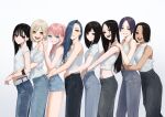  6+girls :d bare_arms belt black_eyes black_hair blonde_hair blue_eyes blue_hair blue_pants blue_shorts bracelet breasts camisole closed_mouth commentary crop_top enokawa_kokoro_(hara_kenshi) facial_mark grin hair_over_one_eye hand_on_another's_shoulder hara_kenshi heart heart_facial_mark highres jewelry kimishima_touka kunitomi_ryouka kuroba_mitsuha long_hair looking_at_viewer looking_to_the_side medium_breasts mole mole_on_neck mole_under_mouth multiple_bracelets multiple_girls navel navel_piercing one_eye_covered open_mouth orange_eyes original pants piercing pink_hair purple_eyes purple_hair red_eyes shirt short_hair short_sleeves shorts simple_background small_breasts smile spaghetti_strap standing tank_top turning_head twintails white_background white_belt white_camisole white_shirt white_tank_top yellow_eyes 