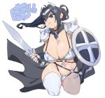  1girl absurdres ahoge anger_vein armor ass_visible_through_thighs bikini breasts cape cleavage closed_mouth commentary dangle_earrings english_commentary hair_intakes hair_lift hashimoto_seigi highleg highleg_bikini highres holding holding_shield holding_sword holding_weapon large_breasts long_hair navel_piercing original pauldrons piercing pout shield shoulder_armor simple_background single_thighhigh solo sweat swimsuit sword thighhighs translation_request underboob weapon white_background white_thighhighs 