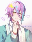  1boy absurdres aqua_cardigan aqua_streaks asymmetrical_hair cardigan chromatic_aberration closed_mouth commentary_request earrings eyeliner glint hair_between_eyes halftone hand_on_own_chin hand_up heart highres jewelry kamishiro_rui kamiyama_high_school_uniform_(project_sekai) light_blush long_hair_between_eyes long_sleeves looking_at_viewer makeup male_focus multicolored_hair necktie open_cardigan open_clothes project_sekai puffy_long_sleeves puffy_sleeves purple_hair red_eyeliner school_uniform shirt short_hair sigma_1023 smile solo streaked_hair twitter_username white_shirt yellow_eyes 