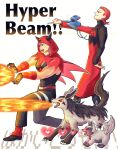  ! !! 2boys belt black_pants black_shoes dazzling3ti energy_beam english_text fake_horns firing hair_between_eyes heart highres hood hood_up horned_hood horns hyper_beam_(pokemon) kamehameha_(dragon_ball) long_sleeves looking_to_the_side maxie_(pokemon) medium_hair mightyena multiple_boys muscular muscular_male open_mouth pants pointing pokemon pokemon_(creature) pokemon_ruby/sapphire/emerald poochyena purple_hair red_belt red_hair red_socks shoes short_hair simple_background socks tabitha_(pokemon) team_magma team_magma_uniform teeth white_background zubat 