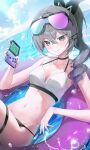  1girl absurdres alternate_costume bikini blue_sky blush breasts collarbone commentary day drill_hair english_commentary eyewear_on_head grey_eyes grey_hair highres holding holding_phone honkai:_star_rail honkai_(series) innertube medium_breasts navel nundi ocean on_innertube phone ponytail purple-tinted_eyewear silver_wolf_(honkai:_star_rail) sky smile solo stomach swim_ring swimsuit thigh_strap tinted_eyewear water white_bikini 