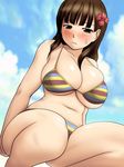  1girl bare_shoulders bikini breasts brown_eyes brown_hair character_request cleavage cloud clouds flower hair_ornament highres large_breasts long_hair looking_at_viewer morishita_koma navel sket_dance sky solo squatting sweat swimsuit 