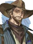  1boy arthur_morgan bandana bandana_around_neck beard blue_eyes blue_shirt brown_bandana brown_hair brown_hat collared_shirt commentary cowboy cowboy_hat english_commentary facial_hair hat highres male_focus marbunniie open_clothes open_shirt pinstripe_pattern pinstripe_shirt red_dead_redemption_(series) shirt short_hair solo upper_body 