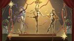  3girls absurdres arm_up athletic_leotard atomic_heart attitude_(pose) ballerina ballet blonde_hair blue_leotard braid breasts brown_background cable chinese_commentary closed_eyes clothed_robot commentary_request crown_braid curtains dancing en_pointe faceless faceless_female flower full_body gold_jacket hair_ornament highres holding_hands humanoid_robot jacket left_(atomic_heart) leotard long_hair medium_breasts metal_skin multiple_girls official_art open_clothes open_jacket pantyhose plant potted_plant prosthesis prosthetic_leg purple_hair red_flower red_ribbon red_rose red_star reverse:1999 ribbon right_(atomic_heart) robot robot_girl rose spotlight star_(symbol) very_long_hair white_pantyhose willow_(reverse:1999) 