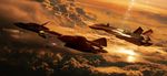  aircraft airplane canards cloud dusk flying jet lens_flare macross macross_plus mecha no_humans realistic science_fiction u.n._spacy variable_fighter yellow_man yf-19 yf-21 