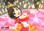  1girl :d blush brown_hair collarbone commentary_request crown glowstick green_eyes hair_ornament hairclip holding holding_microphone idol kashiko_mari looking_at_viewer microphone mini_crown mizupiro nail_polish open_mouth project_upd8 red_nails short_hair smile solo stage star_(symbol) sweat virtual_youtuber 