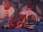  1boy 1girl after_vaginal anal anus bed_sheet black_fur blush brown_fur doggystyle english_text furry furry_female furry_male furry_with_furry hand_on_another's_head hetero highres kashi_(vtza) long_hair lube multicolored_fur open_mouth original penis red_hair sex sex_from_behind sheet_grab top-down_bottom-up trembling vtza wolf_boy 