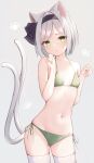  1girl absurdres alternate_costume animal_ears bikini black_hairband breasts cat_ears cat_girl cat_tail commentary_request cowboy_shot green_bikini green_eyes grey_background grey_hair hairband highres kemomingg kemonomimi_mode konpaku_youmu looking_at_viewer medium_hair multiple_tails navel paw_print paw_print_background side-tie_bikini_bottom simple_background small_breasts solo stomach swimsuit tail thighhighs thighs touhou two_tails white_thighhighs 