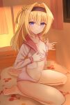  1girl absurdres ass bare_legs barefoot black_hairband blonde_hair blue_eyes blush bra breasts chitose_sana cleavage closed_mouth collarbone commentary full_body hair_between_eyes hair_bun hair_intakes hairband hands_up highres indoors long_hair long_sleeves looking_at_viewer navel no_pants on_bed one_side_up open_clothes open_shirt panties pink_shirt red_sailor_collar sailor_collar school_uniform seiza serafuku shirt sidelocks sitting small_breasts smile soles solo split_mouth strap_pull sunset takagi-18102817 tenshinranman thighs toes underwear undressing white_bra white_panties window 