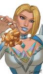  1girl blonde_hair blue_eyes blue_lips breasts charm_(object) commentary emma_frost english_commentary highres holding jeff_the_land_shark looking_at_viewer marvel marvel_rivals medium_breasts salosh short_hair signature simple_background solo upper_body white_background 