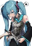  1girl 1other annoyed aqua_eyes aqua_hair aqua_necktie aqua_trim bare_shoulders black_skirt black_sleeves breasts character_name_tattoo collared_shirt commentary_request detached_sleeves grey_shirt hair_ornament hatsune_miku headset highres holding holding_marker long_hair marker necktie necktie_over_shoulder number_tattoo open_mouth pleated_skirt puff_of_air pulling_own_clothes shirt shoulder_tattoo simple_background skirt sleeveless sleeveless_shirt small_breasts speech_bubble tattoo thought_bubble tie_clip translation_request twintails upper_body very_long_hair vocaloid wawasuke white_background wide_sleeves wing_collar writing_on_clothes 