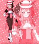  1girl alternate_costume alternate_hairstyle blush boots bow brown_capelet brown_eyes brown_gloves brown_hair brown_pants capelet closed_mouth commentary corset deviantart_username drop_shadow english_commentary eyelashes eyeshadow full_body gloves green_eyeshadow hair_bun hand_on_own_hip hat hat_feather heterochromia high_heel_boots high_heels holding holding_umbrella instagram_username long_hair long_sleeves makeup multicolored_hair neopolitan_(rwby) pants pink_background pink_eyes pink_hair polka_dot polka_dot_background red_bow rwby schrwby shirt single_hair_bun single_side_bun smile solo streaked_hair tumblr_username twitter_username umbrella white_boots white_hair white_hat white_shirt white_streaks zoom_layer 