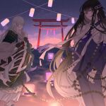  2boys absurdres armor beads black_hair character_request closed_eyes commentary gloves highres japanese_armor japanese_clothes lantern long_hair low-tied_long_hair male_focus multiple_boys paper_lantern prayer_beads shide shoulder_armor sky sode sola0316 star_(sky) starry_sky torii touken_ranbu very_long_hair water white_gloves white_hair 