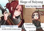  2girls armor brick_wall brown_hair centurii-chan chinese_armor commentary english_commentary english_text evil_grin evil_smile feather_hair_ornament feathers genderswap genderswap_(mtf) grin guan_dao hair_bun hair_ornament here's_johnny!_(meme) hikimayu holding holding_weapon imminent_cannibalism long_sleeves meme multiple_girls open_mouth polearm real_life red_eyes sharp_teeth short_hair shoulder_armor single_hair_bun smile sun_tzu_(centurii-chan) swept_bangs teeth weapon wikipedia you_gonna_get_eaten 