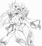  1girl action_taimanin breasts crystal_hair_ornament curvy detached_sleeves gloves highres huge_breasts impossible_clothes impossible_leotard kubo_tite_(style) leotard long_hair micro_bra monochrome onisaki_kirara open_mouth partially_fingerless_gloves rakusakugk short_twintails sidelocks skindentation solo taimanin_(series) taimanin_rpgx taimanin_suit thighhighs thong thong_leotard twintails wide_sleeves 