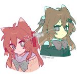  2girls ahoge animal_ears black_cardigan blue_eyes blue_sailor_collar bow bowtie broken_heart broken_heart_hair_ornament brown_hair cardigan cat_ears cat_girl collared_shirt commentary_request cropped_torso dress_shirt english_text evil_neuro-sama evil_neuro-sama_(1st_costume) from_side green_bow green_bowtie hair_between_eyes hair_ornament heart heart_hair_ornament highres lingyou long_hair looking_at_viewer multiple_girls neuro-sama neuro-sama_(1st_costume) off-shoulder_cardigan optical_illusion red_bow red_bowtie red_eyes red_ribbon ribbon sailor_collar shirt siblings sisters skull_hair_ornament timestamp torn_hair_ribbon twins two_side_up vedal_ai white_shirt yellow_cardigan 
