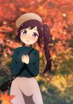  1girl autumn_leaves bag beret black_bag blurry blurry_background blush braid breasts brown_hat commentary_request cowboy_shot depth_of_field green_sweater handbag hands_on_own_chest hands_up hat head_tilt highres indie_virtual_youtuber irosaki_akane leaf lens_flare long_hair long_sleeves looking_at_viewer medium_breasts mizupiro nose_blush open_mouth outdoors own_hands_together parted_lips pink_skirt purple_eyes purple_hair shoulder_bag side_ponytail sidelocks skirt solo standing sweater virtual_youtuber 
