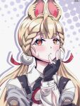 1girl alice_thymefield animal_ears black_gloves blonde_hair blush closed_mouth commentary fingerless_gloves gloves hair_ornament hand_on_own_face heterochromia highres long_hair rabbit_ears rabbit_girl red_eyes shirt solo sphere_hair_ornament sweatdrop twintails twitter_username upper_body white_shirt yaha_(ulla_yaha) yellow_eyes zenless_zone_zero 