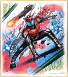  1boy animification armored_bodysuit character_name commentary_request compound_eyes copyright_name full_body hexagon kamen_rider kamen_rider_kabuto kamen_rider_kabuto_(series) kuchibiru_keisuke male_focus official_art rubble solo tokusatsu traditional_media 