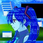  1girl aqua_necktie aqua_trim bliss_(image) blue_eyes blue_hair blue_screen_of_death blue_sky cryptidhermit cursor from_side grass hatsune_miku highres necktie redrawn sky sleeveless solo twintails vocaloid window_(computing) 