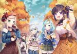  5girls :d :q ahoge artist_request autumn autumn_leaves beret black_hair black_jacket black_pantyhose black_shorts black_thighhighs black_undershirt blonde_hair blue_bow blue_eyes blue_hair blue_jacket blue_sailor_collar blue_shirt blush bow breast_pocket brown_bow brown_dress brown_eyes brown_hair brown_hat buttons camera character_request check_artist choker closed_mouth collarbone collared_shirt commentary_request cowboy_shot cropped_jacket cross cross_print day denim denim_jacket double-breasted dress earrings eating falling_leaves floral_print floral_print_dress flower flower_hairclip food from_side glasses gradient_hair green_eyes green_scarf green_skirt grey_hair hair_ornament hair_rings hair_scrunchie hand_in_pocket hand_up hat highres holding holding_camera holding_food holding_leaf indie_virtual_youtuber irosaki_akane jacket jeans jewelry leaf leaf_on_head levka long_sidelocks long_skirt long_sleeves looking_at_viewer looking_to_the_side medium_hair miniskirt multicolored_hair multicolored_jacket multiple_girls official_art open_clothes open_jacket open_mouth orange_scrunchie outdoors pants pantyhose pink_jacket plaid_bow plaid_clothes plaid_scarf plaid_skirt pleated_skirt pocket pointy_ears ponytail print_dress print_scrunchie puffy_cheeks purple_eyes quilted_jacket riiria_(3rd_costume)_(vtuber) riiria_(vtuber) round_eyewear sailor_collar scarf scrunchie second-party_source semi-rimless_eyewear shirt shirt_under_sweater shorts side_ponytail sidelocks single_hair_ring skirt smile sparkle sparkle_earrings sparkle_hair_ornament standing star_(symbol) star_earrings straight-on strap sweater sweater_under_shirt sweet_potato swept_bangs thighhighs tongue tongue_out tree turtleneck turtleneck_sweater two-tone_jacket unmoving_pattern white_flower white_jacket white_shirt white_sweater yellow_bow zettai_ryouiki 