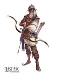  1boy androgynous anklet arabian_clothes arm_tattoo armor bow_(weapon) bracelet brown_chaps brown_shoes covered_mouth dagger dark_elf dark_skin elf english_commentary english_text eyeshadow facial_tattoo ff69_(ff69x) gold_anklet gold_bracelet half-shirt hand_tattoo headscarf highres holding holding_bow_(weapon) holding_weapon jewelry knife knife_sheath last_arc:_tactics_analogue long_pointy_ears makeup male_focus necklace nipples official_art pants pauldrons pointy_ears quiver scale_mail scar scar_on_chest sheath sheathed shoes shoulder_armor simple_background single_pauldron single_sleeve solo spiked_helmet tattoo weapon white_background white_headscarf white_pants yellow_eyes 