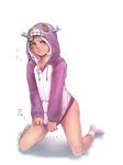  androgynous blush bottomless cream_(stand) footwear frown heart hood hoodie jewelry jojo_no_kimyou_na_bouken kneeling long_hair male male_focus pansky red_eyes simple_background single_earring socks solo stand_(jojo) sweat trap vanilla_ice white_background white_hair 