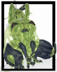  1girl absurdres antennae arthropod_girl bikini black_bikini black_sclera breasts colored_sclera commentary curvy english_commentary extra_arms grape_(grape05843924) green_eyes green_hair highres huge_breasts indie_virtual_youtuber insect_wings juniper_actias monster_girl moth_antennae moth_girl moth_wings navel slime_(substance) slime_girl slime_hair solo squatting swimsuit thick_thighs thighs virtual_youtuber white_background wings 