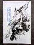  1girl absurdres armor breasts cleavage cleavage_cutout closed_mouth clothing_cutout commentary cover_sketch english_commentary from_side highres large_breasts long_hair magik's_crown magik_(x-men) marker_(medium) marvel midriff monochrome navel pauldrons photo_(medium) shoulder_armor shoulder_spikes signature sketch solo spiked_pauldrons spikes stanley_lau traditional_media upper_body x-men 