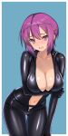  1girl absurdres arm_under_breasts black_bodysuit blue_background blush bodysuit border breasts collarbone commentary_request highres impossible_bodysuit impossible_clothes kentou_kanami large_breasts latex latex_bodysuit looking_at_viewer medium_hair navel open_bodysuit open_clothes outside_border purple_eyes purple_hair rance_(series) smfp2517 solo unzipped white_border 