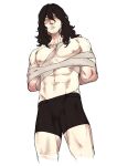  1boy abs absurdres aizawa_shota arms_behind_back bara beard_stubble black_hair boku_no_hero_academia bound bound_arms boxer_briefs closed_mouth cropped_legs facial_hair from_below highres long_hair looking_at_viewer male_focus male_underwear navel nipples pectorals scar scar_on_face simple_background smokerichi solo stubble underwear underwear_only white_background 