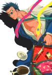  1boy absurdres bare_pectorals black_hair blue_jacket commentary facial_hair glasses highres holding holding_suitcase hunter_x_hunter jacket jacket_partially_removed layered_sleeves leorio_paladiknight long_sleeves loose_necktie male_focus necktie open_clothes open_shirt pants pectorals round_eyewear shadow shirt short_hair sideburns_stubble solo spiked_hair stubble suitcase untranslatable_commentary x_xinnnnnn 
