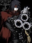  1boy aiming aiming_at_viewer belt belt_buckle black_gloves black_hair buckle cape cloak commentary covered_mouth final_fantasy final_fantasy_vii final_fantasy_vii_rebirth final_fantasy_vii_remake gauntlets gloves gun handgun headband highres holding holding_gun holding_weapon long_hair looking_at_viewer male_focus multiple_belts red_cape red_cloak red_headband single_gauntlet single_glove solo vincent_valentine weapon youn1 