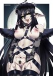  1girl absurdres areola_slip black_bridal_gauntlets black_hair black_pubic_hair black_sclera black_thighhighs black_wings breasts bridal_gauntlets colored_sclera colored_skin commentary commission cross cross_facial_mark english_commentary facial_mark female_pubic_hair freckles full_moon green_eyes grey_skin hair_between_eyes heart heart_facial_mark highres indie_virtual_youtuber lace lace_bridal_gauntlets lace_thighhighs large_breasts layna_lazar long_hair looking_at_viewer moon navel nipples nude pale_skin panties phloxberry pointy_ears pubic_hair pubic_hair_peek pussy see-through_bridal_gauntlets see-through_clothes solo thighhighs tongue tongue_out underwear virtual_youtuber wings ych_commission 